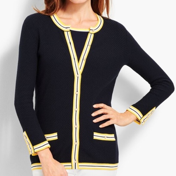 Talbots Women MP Navy Faux Pearl Buttons 3/4 Sleeves Crewneck Tipped Cardigan - Picture 1 of 10